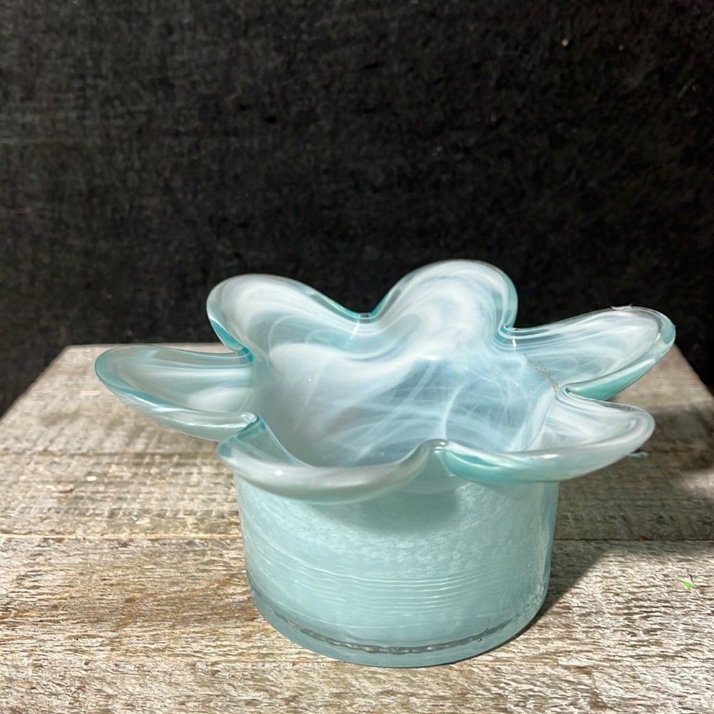 Abbott Art Glass Vase White Swirl Light Blue Ruffled Votive Holder